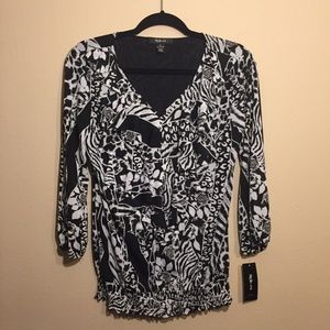 Black White Rose Zebra Print Blouse S